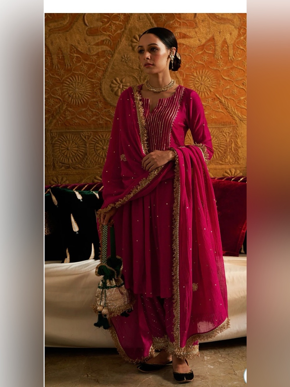 Rani Pink Gota work Pintuck Kurta With Salwar And Dupatta - Set Of 4, BUST 24